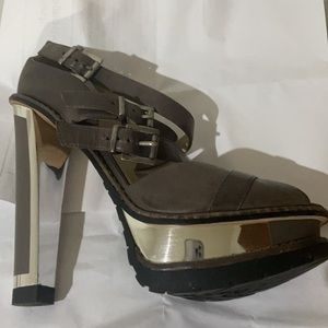 Brian Atwood Mirror Strap Buckle Gray/Brown Heels